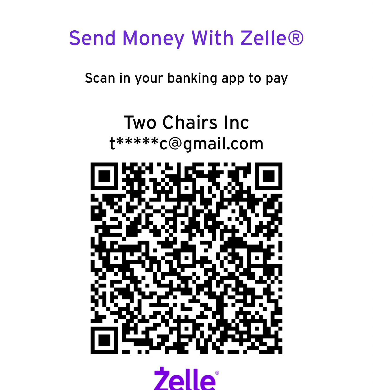 Zelle QR code for Two Chairs Inc.